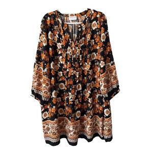 First Love By Lovelyn Floral Pintuck Rayon Tunic Dress Womens 2X Whimsigoth Boho